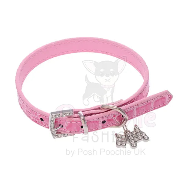 Mock Croc Rhinestone Charm Dog Collar in Pink - Posh Pawz - 2