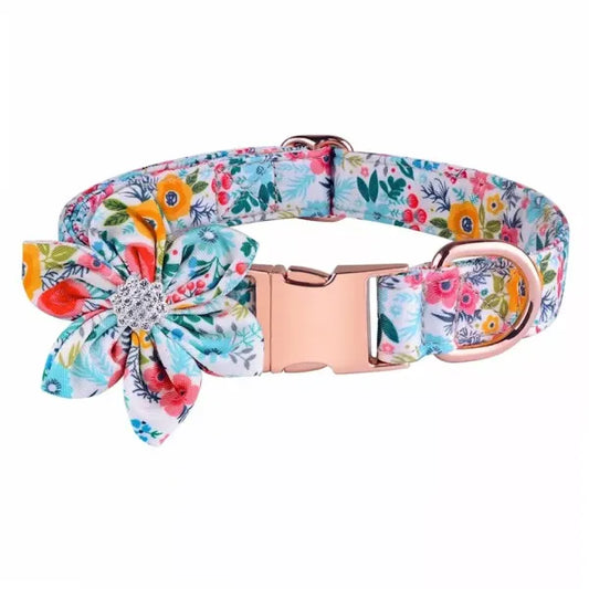 Multi Floral Padded Dog Collar with Flower - Posh Pawz - 1