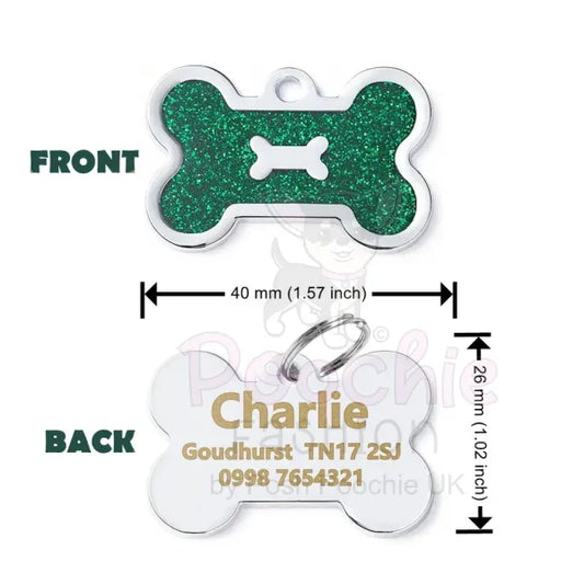 Personalised Glitter Bone Pet Id Tag Green - Posh Pawz - 2