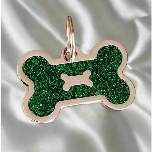 Personalised Glitter Bone Pet Id Tag Green - Posh Pawz - 1