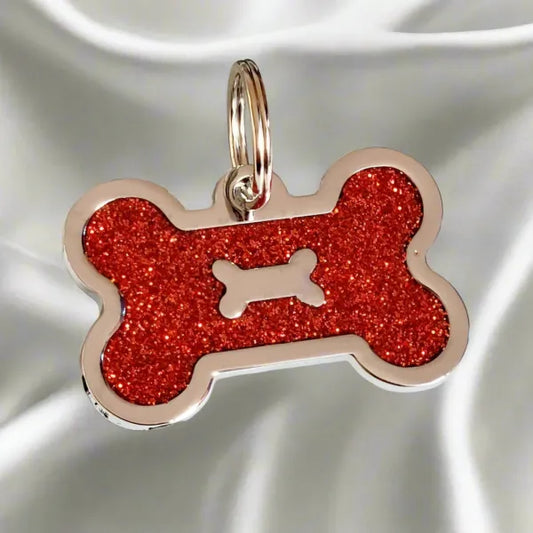 Personalised Glitter Bone Pet Id Tag Red - Posh Pawz - 1