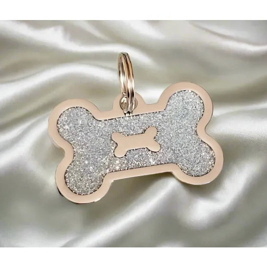 Personalised Glitter Bone Pet Id Tag Silver - Posh Pawz - 1