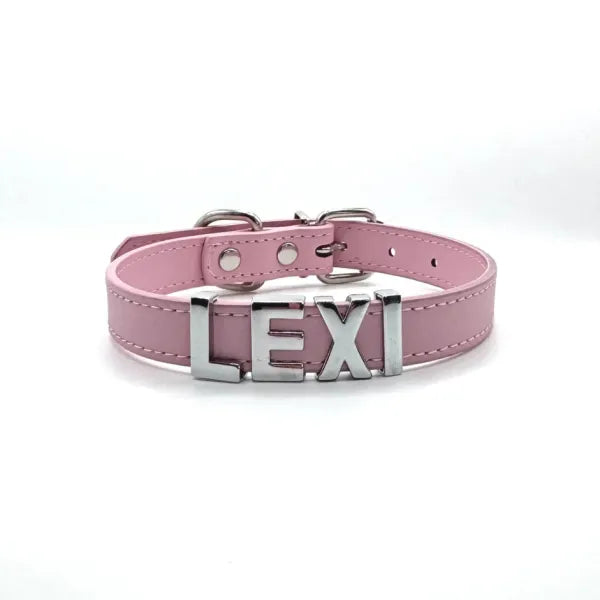 Personalised Leather Chrome Dog Collar in Baby Pink - Poochie Fashion - 1