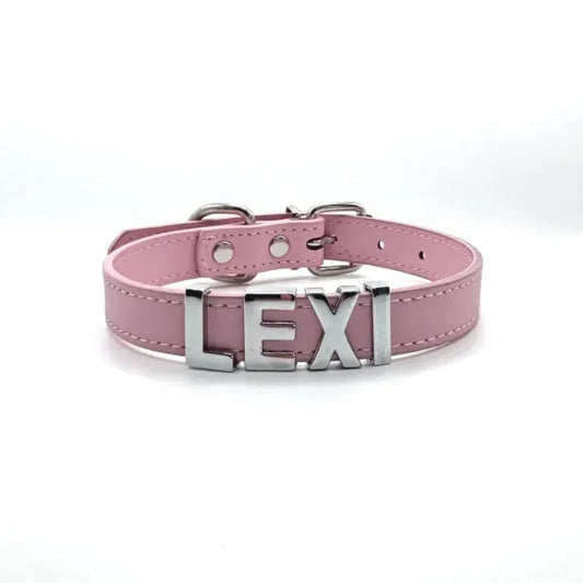 Personalised Leather Chrome Dog Collar in Baby Pink - Poochie Fashion - 1
