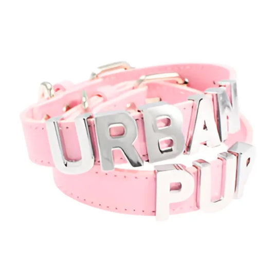Personalised Leather Chrome Dog Collar in Baby Pink - Urban - 1