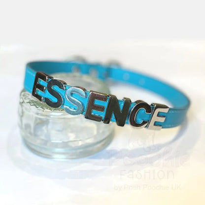 Personalised Leather Chrome Dog Collar in Aqua Blue - Poochie Fashion - 2