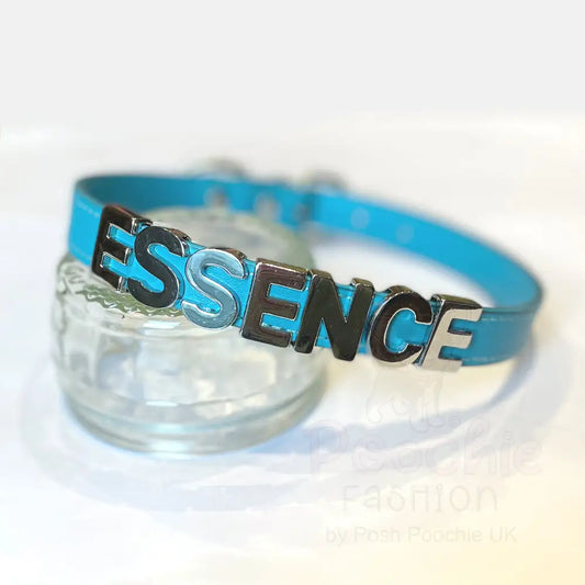 Personalised Leather Chrome Dog Collar in Aqua Blue - Poochie Fashion - 2