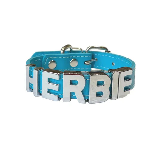 Personalised Leather Chrome Dog Collar in Cyan Blue - Poochie Fashion - 1