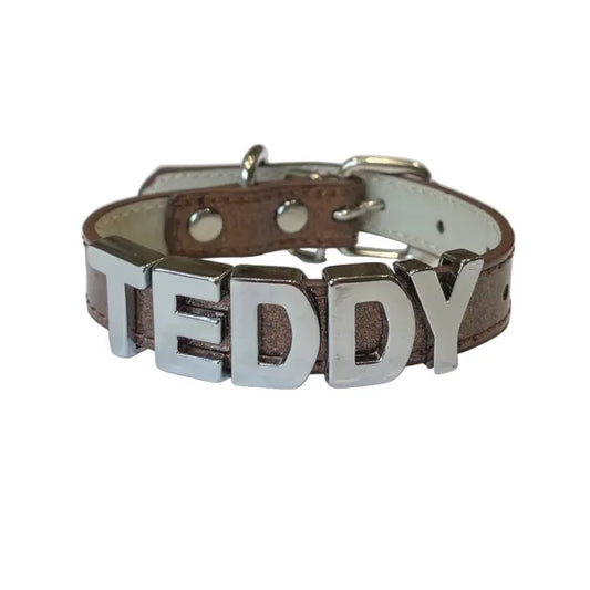 Personalised Leather Chrome Dog Collar in Glitter Brown - Poochie Fashion - 1