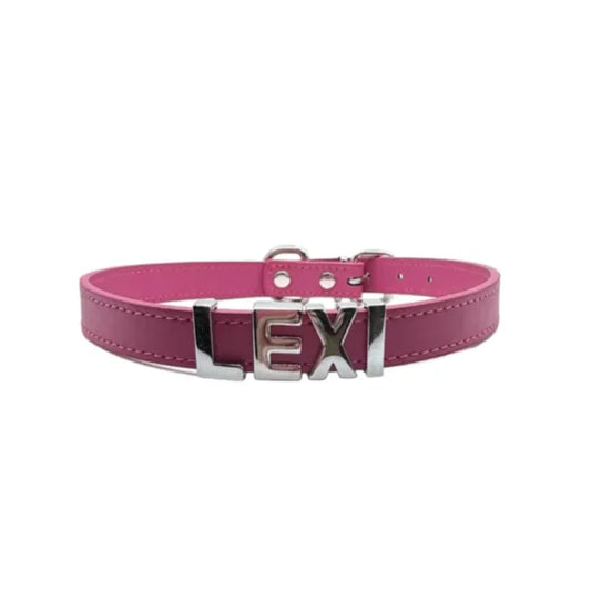 Personalised Leather Chrome Dog Collar in Hot Pink - Poochie Fashion - 1
