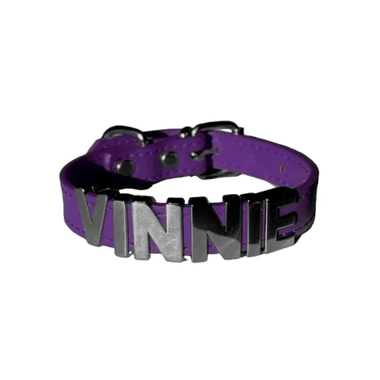 Personalised Leather Chrome Dog Collar in Purple - Poochie Fashion - 1