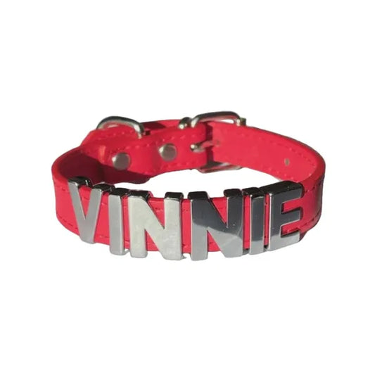 Personalised Leather Chrome Dog Collar in Red - Poochie Fashion - 1