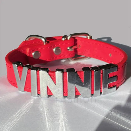 Personalised Leather Chrome Dog Collar in Red - Urban - 2