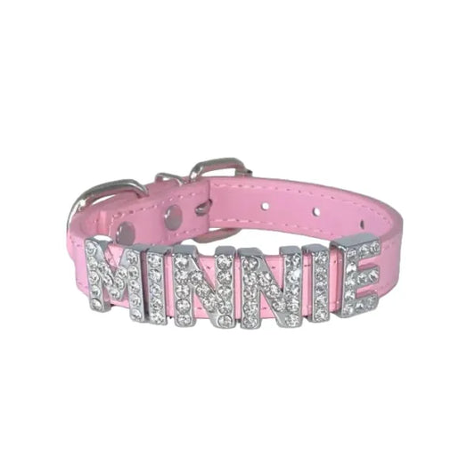 Personalised Leather Diamante Dog Collar in Baby Pink - Poochie Fashion - 1