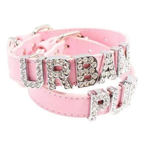 Personalised Leather Diamante Dog Collar in Baby Pink - Urban - 1