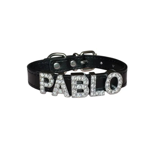Personalised Leather Diamante Dog Collar in Black - Poochie Fashion - 1