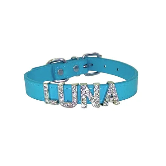 Personalised Leather Diamante Dog Collar in Blue - Poochie Fashion - 1