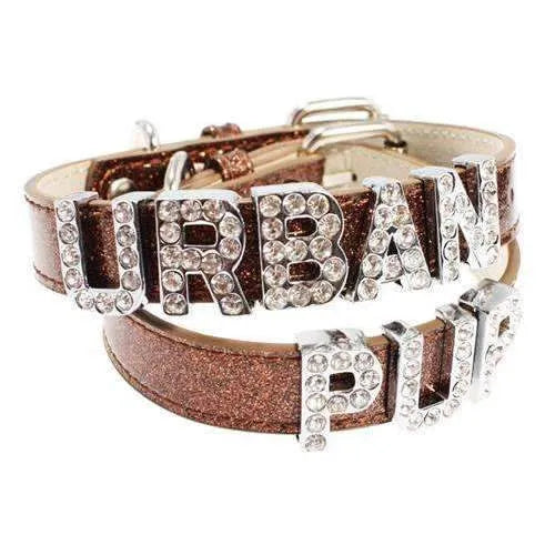 Personalised Leather Diamante Dog Collar in Glitter Brown - Urban - 1