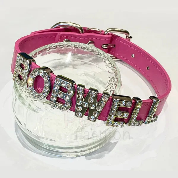 Personalised Leather Diamante Dog Collar in Hot Pink - Urban - 4
