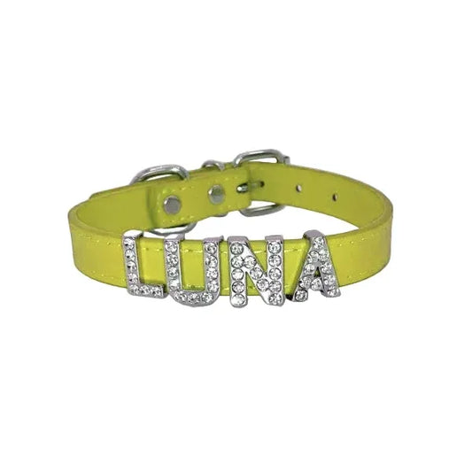 Personalised Leather Diamante Dog Collar in Primrose - Poochie Fashion - 1