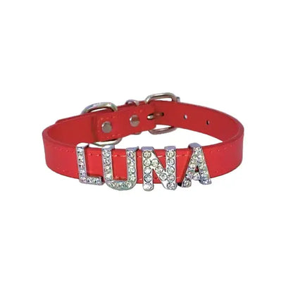 Personalised Leather Diamante Dog Collar in Red - Poochie Fashion - 1