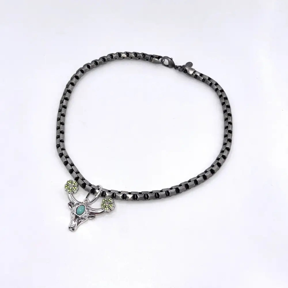 Pewter Box Chain Dog Necklace with Bull Head & Green Crystals - Posh Pawz - 1