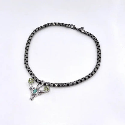Pewter Box Chain Dog Necklace with Bull Head & Green Crystals - Posh Pawz - 1