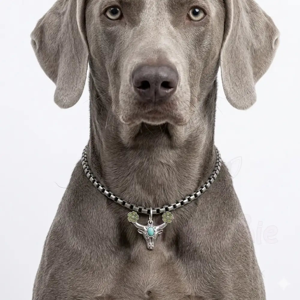 Pewter Box Chain Dog Necklace with Bull Head & Green Crystals - Posh Pawz - 2