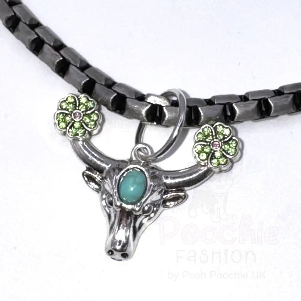 Pewter Box Chain Dog Necklace with Bull Head & Green Crystals - Posh Pawz - 3