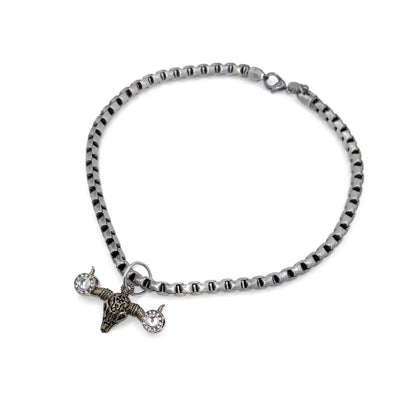 Pewter Box Chain Dog Necklace with Bull Skull Pendant - Clear Crystals - Posh Pawz - 1