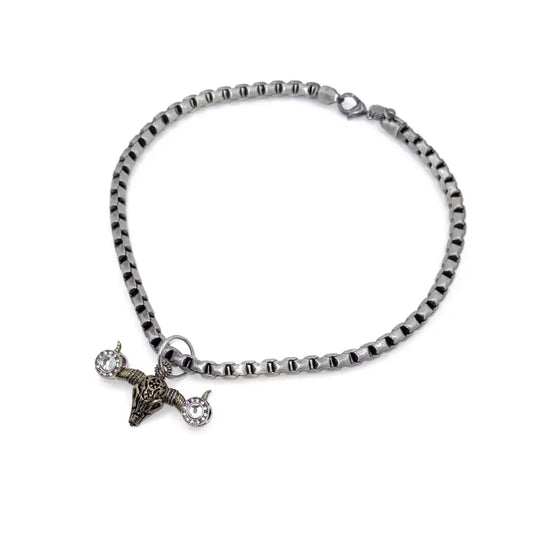 Pewter Box Chain Dog Necklace with Bull Skull Pendant - Clear Crystals - Posh Pawz - 1