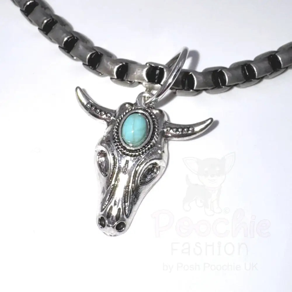 Pewter Box Chain Dog Necklace with Bull Skull Pendant - Posh Pawz - 3