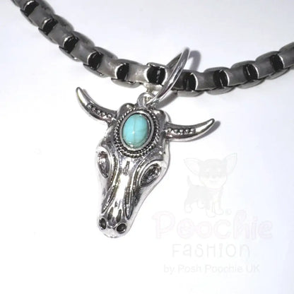 Pewter Box Chain Dog Necklace with Bull Skull Pendant - Posh Pawz - 3