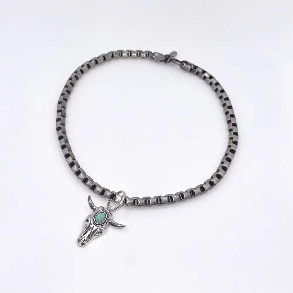 Pewter Box Chain Dog Necklace with Bull Skull Pendant - Posh Pawz - 1