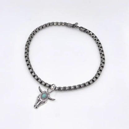 Pewter Box Chain Dog Necklace with Bull Skull Pendant - Posh Pawz - 1