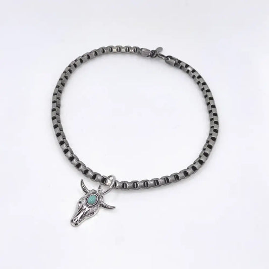 Pewter Box Chain Dog Necklace with Bull Skull Pendant - Posh Pawz - 1