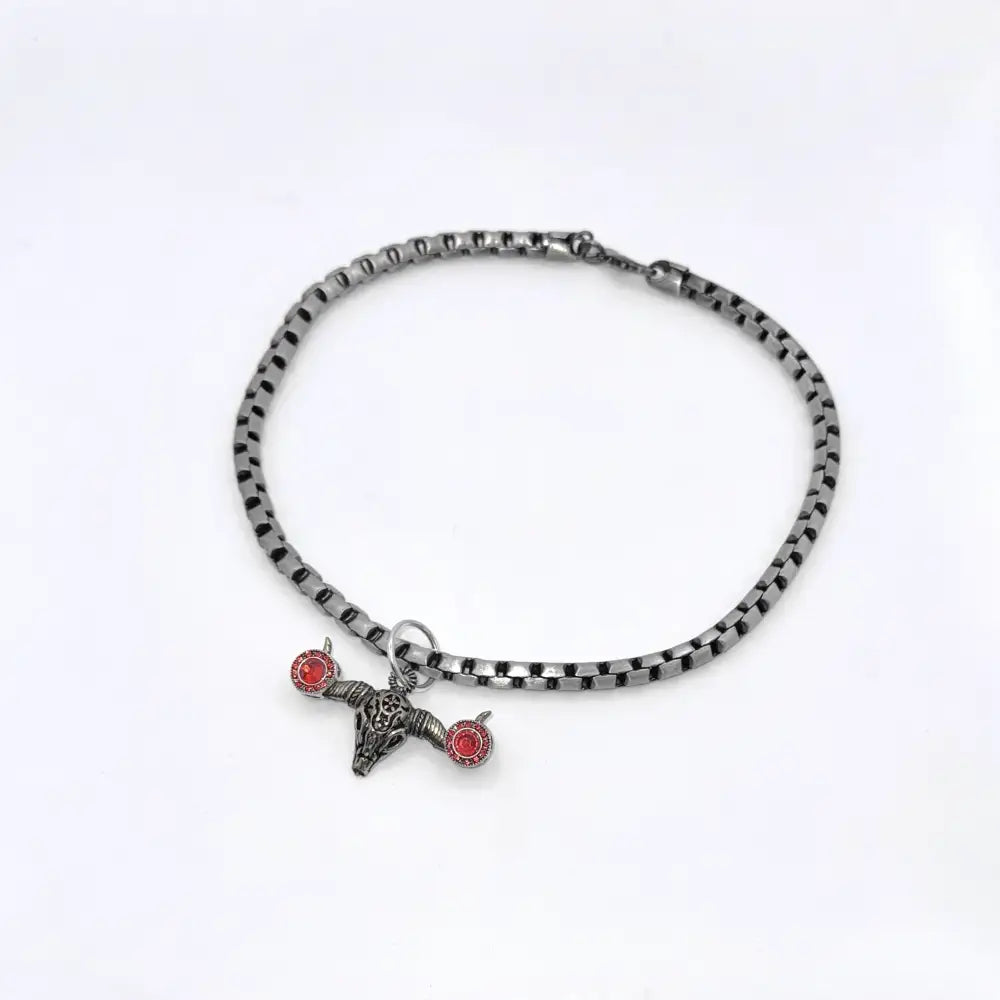 Pewter Box Chain Dog Necklace with Bull Skull Pendant - Red Crystals - Posh Pawz - 1