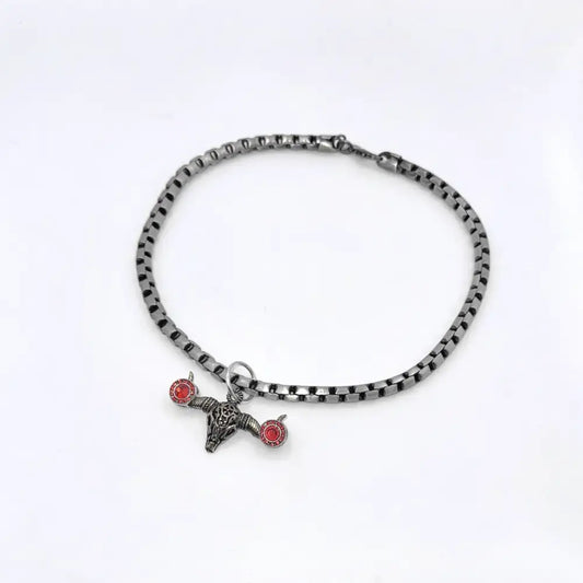 Pewter Box Chain Dog Necklace with Bull Skull Pendant - Red Crystals - Posh Pawz - 1