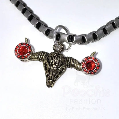 Pewter Box Chain Dog Necklace with Bull Skull Pendant - Red Crystals - Posh Pawz - 4