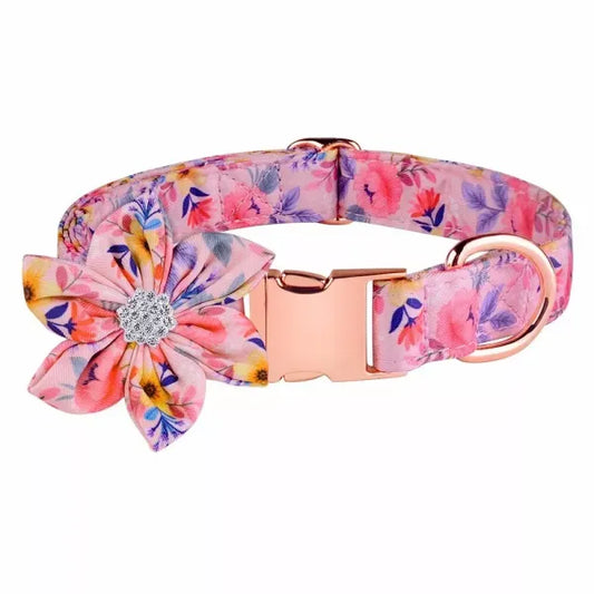 Pink Floral Padded Dog Collar with Flower - Posh Pawz - 1
