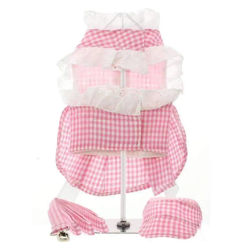 Pink Gingham and White Ribbon Dog Harness Dress Set - Sale - 2