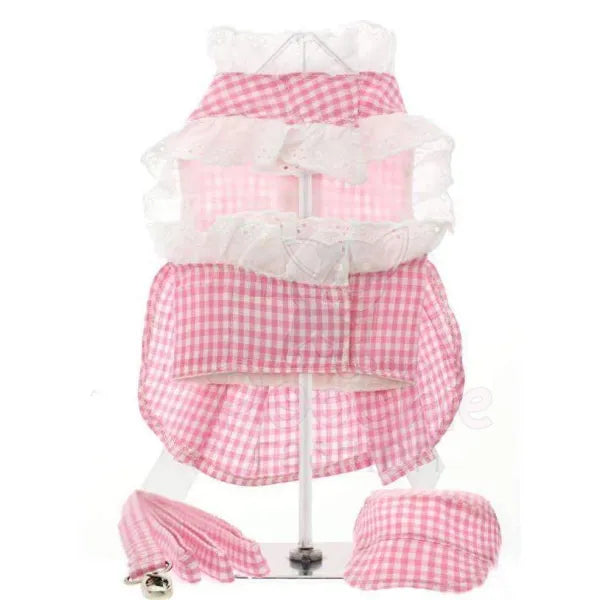 Pink Gingham and White Ribbon Dog Harness Dress Set - Urban - 2