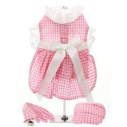 Pink Gingham and White Ribbon Dog Harness Dress Set - Urban - 1