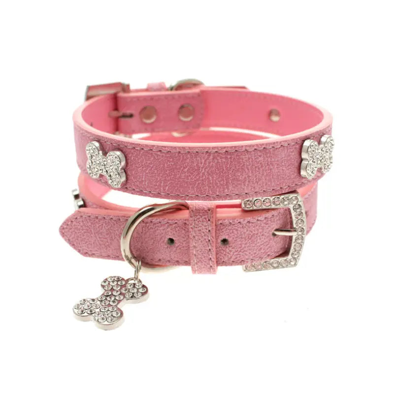 Pink Leather Diamante Bones Dog Collar And Charm - Urban Pup 1