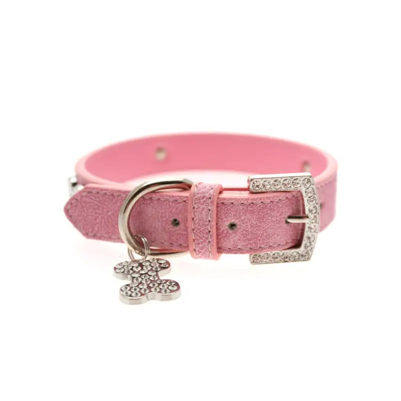 Pink Leather Diamante Bones Dog Collar And Charm - Urban Pup 5