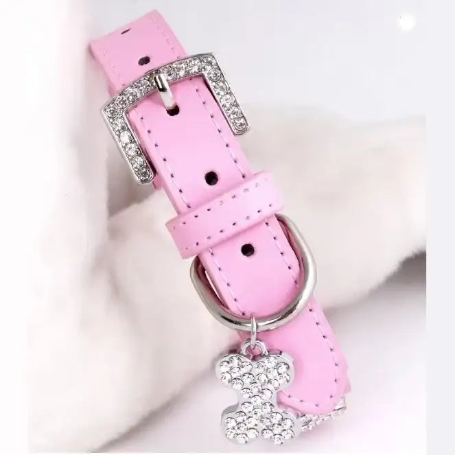 Pink Leather Diamante Bones Dog Collar with Charm - Poochie Fashion - 6