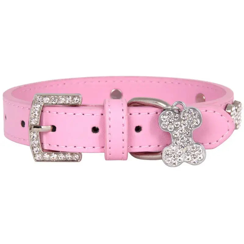 Pink Leather Diamante Bones Dog Collar with Charm - Poochie Fashion - 7