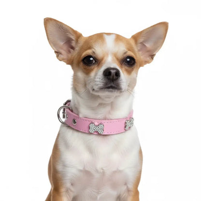 Pink Leather Diamante Bones Dog Collar with Charm - Poochie Fashion - 2