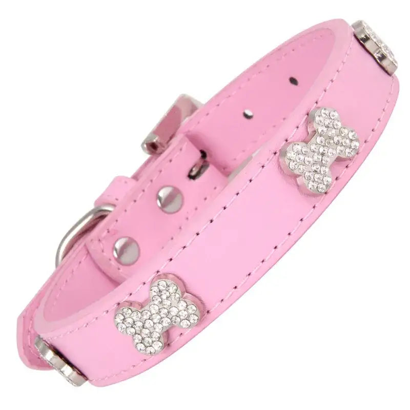 Pink Leather Diamante Bones Dog Collar with Charm - Poochie Fashion - 3