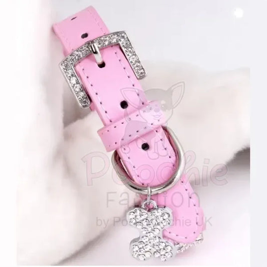 Pink Leather Diamante Bones Dog Collar with Charm Posh Pawz 2